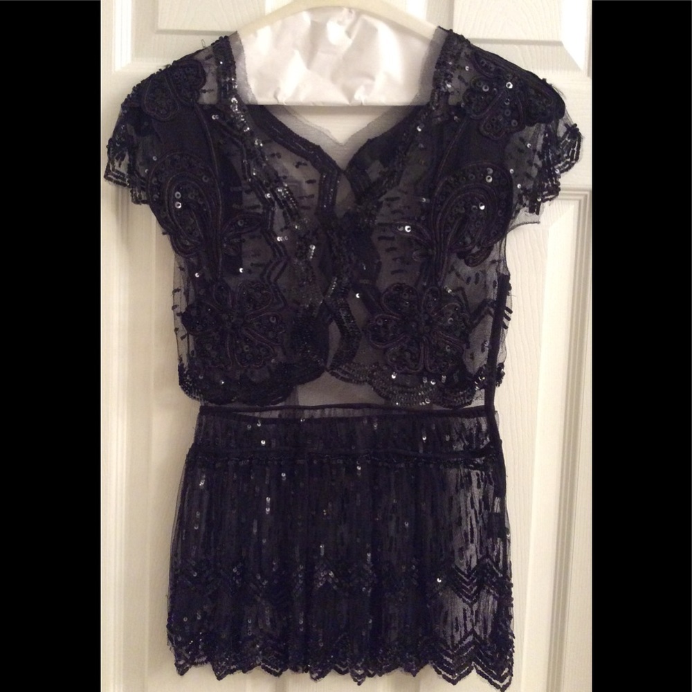 Jill Stuart Black Beaded Sheer Top